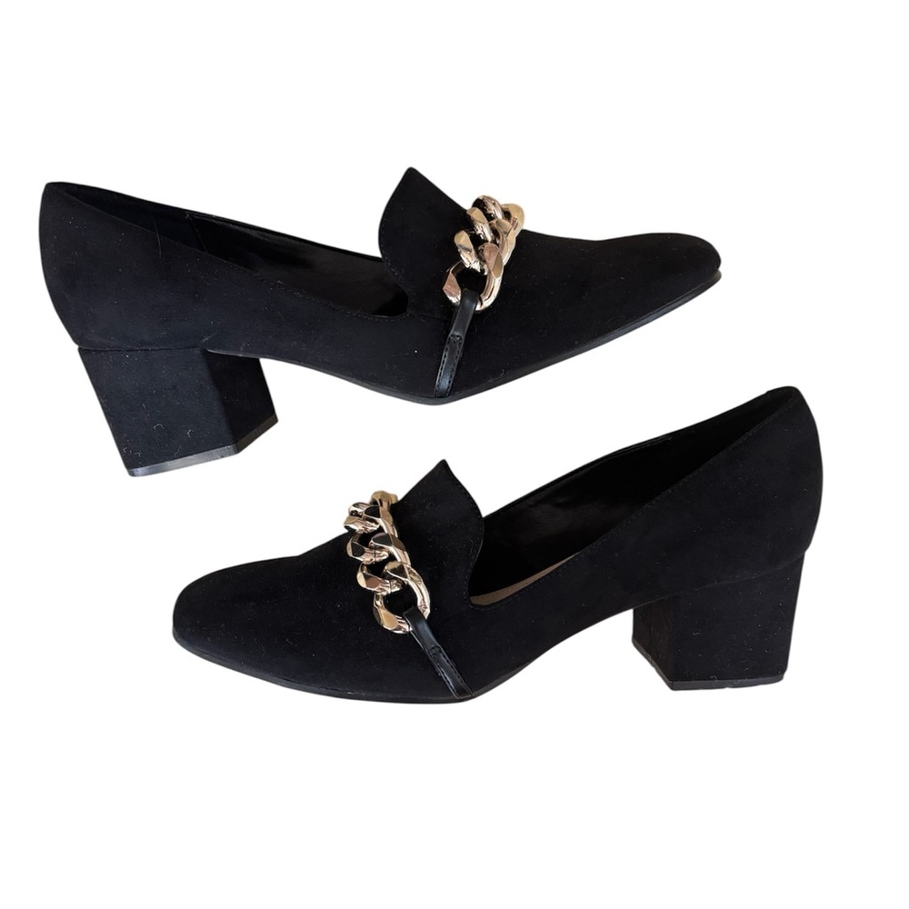Nine West Black Block Heel Loafers Gold Chain Accent Women’s Dress Shoes Classic
